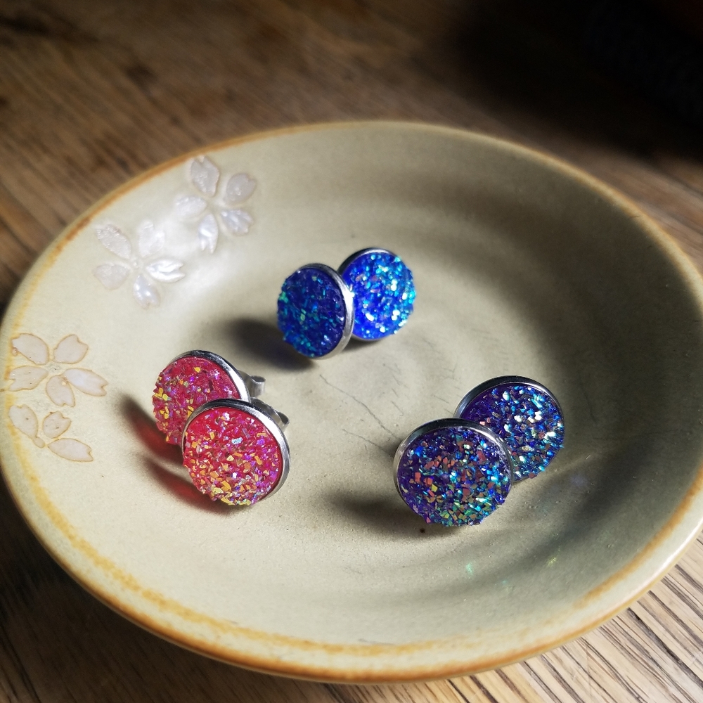 Three Pairs Pink, Blue, & Purple Druzy Studs - Handmade